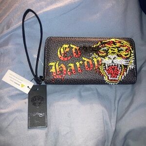 Ed Hardy Black Zip Wristlet with Red & Yellow Embroidery